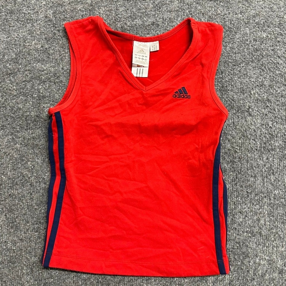Adidas Tank Top Womens Size S Red Navy Blue Stripe V-Neck Athletic Sporty AF5001